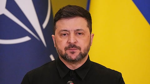 Ukrainian President Volodymyr Zelenskyy attends a joint news conference with NATO Secretary General Mark Rutte in Kyiv, Ukraine, Tuesday, Feb. 3, 2026.