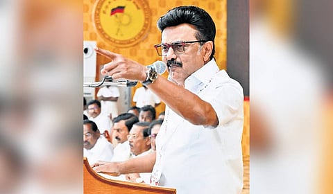 CM MK Stalin speaking at the DMK youth wing southern zone office-bearers’ meeting in Virudhunagar on Saturday.