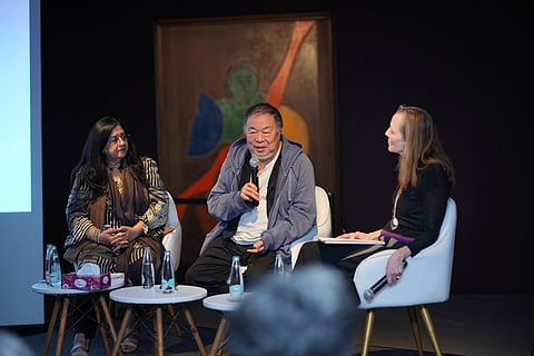 Ai Weiwei with Roobina Karode, director, KNMA, and Alexandra Munroe, Guggenheim senior curator of Asian Art, during a conversation at Delhi’s Kiran Nadar Museum of Art 