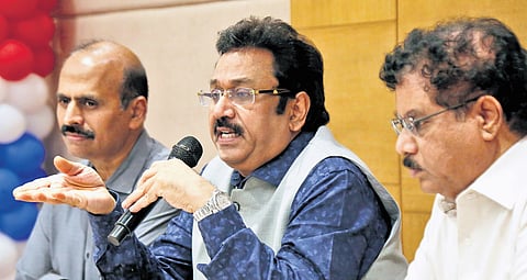 APATA president K Kumar Raja, along with vice-presidents O Naresh Kumar and DS Verma, addressing a media conference in Visakhapatnam 