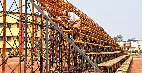 Preparatory works such as construction of temporary spectator gallery to house 3,000 people, vadivasal are underway in the four-acre stadium at Khajamalai   in Tiruchy