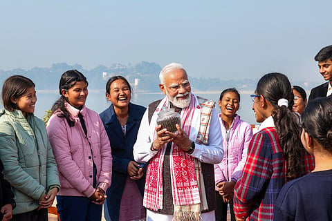  In this image released on Feb. 9, 2026, Prime Minister Narendra Modi interacts with students during 'Pariksha Pe Charcha 2026 with PM', in New Delhi. 