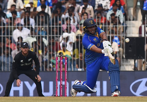 UAE batter Alishan Sharafu (R) in action against New Zealand on Tuesday