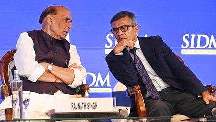 Defence Minister Rajnath Singh with Defence Secretary Rajesh Kumar Singh.