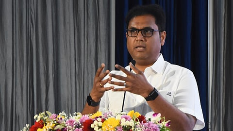 Minister for Industries TRB Rajaa speaking at the 15th edition of Source India event held at Chennai Trade center in Nadambakkam on Tuesday. 