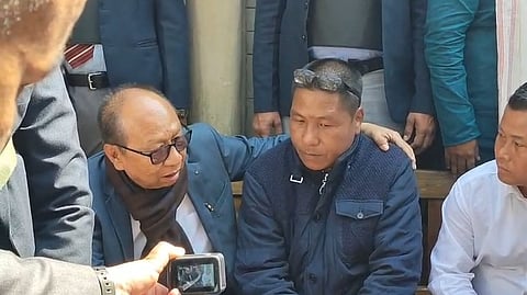 Chief Minister Yumnam Khemchand Singh with Hmar tribal villagers at Jarolpokpi village in Jiribam district of Manipur on Wednesday 