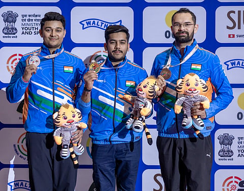 The 3P winners Aishwary Pratap Singh Tomar, Niraj Kumar and Akhil Sheoran
