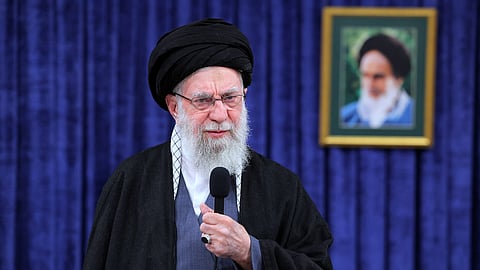 In this photo released on Monday, Feb. 9, 2026, Iran's late Supreme Leader Ayatollah Ali Khamenei addresses the nation in a televised speech.