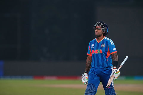 India's captain Suryakumar Yadav reacts as he leaves the ground after losing his wicket during the T20 World Cup.