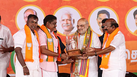 Amit Shah, Minister of Home Affairs of India, during the BJP public meeting at Santhai Thidal, Karaikal, Puducherry, on Saturday. 