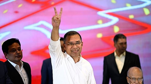 Bangladesh Nationalist Party Chairperson Tarique Rahman greets supporters after his party won the national parliamentary election, in Dhaka, Bangladesh, Saturday, Feb. 14, 2026. 