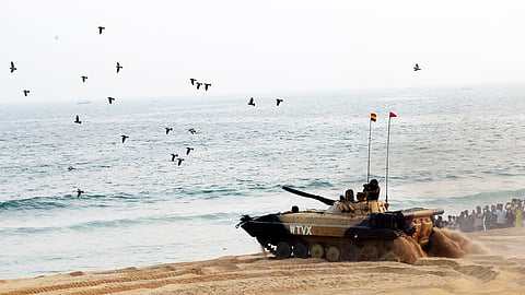 Rehearsals for operational demonstrations by the Indian Navy underway in Visakhapatnam, ahead of IFR and MILAN naval exercises at beach road on Sunday. 