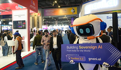 Visitors during the India AI Impact Summit 2026 at Bharat Mandapam in New Delhi.