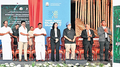 Chief Minister M K Stalin lays the foundation stone for the International Dugong Conservation Centre in Thanjavur district during the inauguration of the Tamil Nadu Climate Summit 4.0 in Chennai on Tuesday