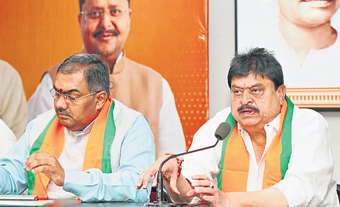 BJP state chief N Ramchander Rao speaks during a review meeting on  party’s performance in the municipal elections, in Hyderabad on Tuesday
