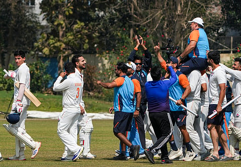 J&K players carry their coach Ajay Sharma on their shoulders after their win over Bengal in the semifinal on Wednesday 