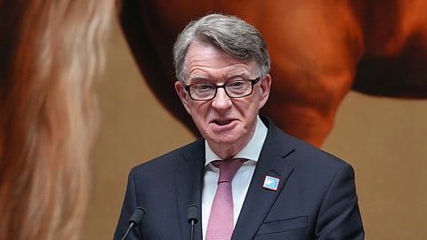British Ambassador to the United States, Peter Mandelson, speaks during the rededication ceremony of the George Washington Statue in the National Gallery in London, Wednesday, June 18, 2025. 