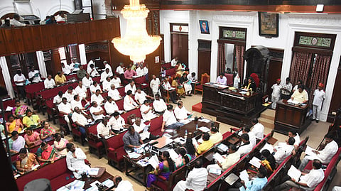 In this photo from February 18, 2026, the Greater Chennai Corporation budget meeting is held at the Rippon building in Chennai.