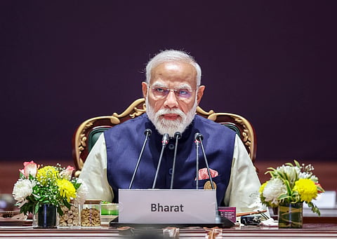 Prime Minister Narendra Modi during the Leaders Plenary Session at the India AI Impact Summit 