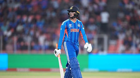India's Abhishek Sharma reacts as he leaves the ground after losing his wicket to Netherlands' Aryan Dutt during the T20 World Cup cricket match between India and Netherlands in Ahmedabad, India, Wednesday, Feb. 18, 2026.