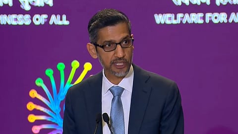 In this screengrab from a video posted on Feb. 19, 2026, Google CEO Sundar Pichai addresses the gathering during the India AI Impact Summit 2026 in New Delhi. 