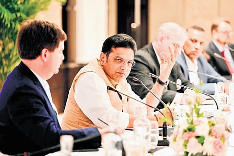 IT & Industries Minister D Sridhar Babu addressing a round-table conference with representatives of the US-India Business Council (USIBC) during the India AI Impact Summit 2026 in New Delhi 