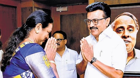 CM MK Stalin greets DMDK chief Premalatha Vijayakanth at the DMK headquarters in Chennai;(left)  Edappadi K Palaniswami’s reaction to the development 