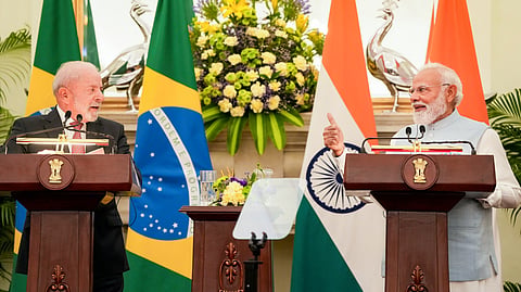 Prime Minister Narendra Modi with Brazilian President Luiz Inacio Lula da Silva during a joint press meet at the Hyderabad House in New Delhi, Saturday, Feb. 21, 2026.