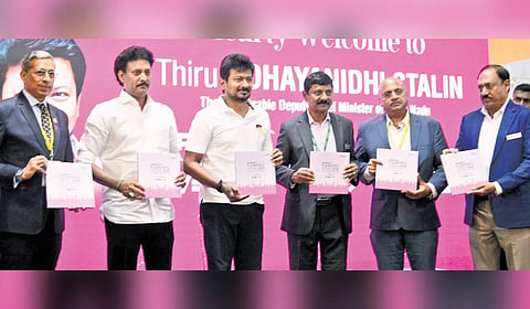 Deputy CM Udhayanidhi Stalin releasing a roster during the inauguration of 18th edition of CREDAI FAIRPRO 2026 at Chennai Trade Centre on Friday.