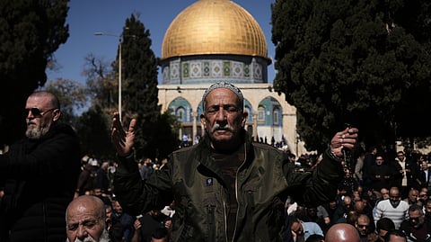 Muslim worshippers offer prayer on the first Friday of the holy month of Ramadan at the Al-Aqsa Mosque compound in Jerusalem's Old City, Friday, Feb. 20, 2026. 