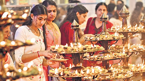Devotees lighting lemon lamps in front of Attukal Bhagavathy temple in Thiruvananthapuram ahead of annual pongala festival. Attukal Pongala will be held on March 3 