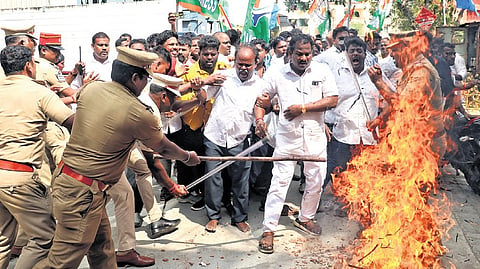 Police resort to lathi-charge to disperse the cadre in Puducherry.