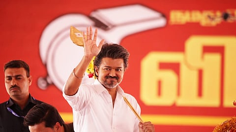 Tamilaga Vettri Kazhagam (TVK) chief Vijay at a party meeting, in Vellore district, Tamil Nadu, Monday, Feb. 23, 2026.