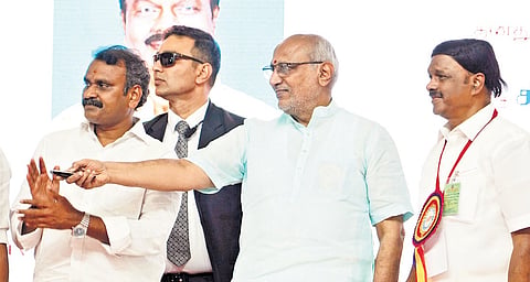 Vice President C P Radhakrishnan laying the foundation stone for the statue of V O Chidambaram Pillai in Madurai on Sunday 