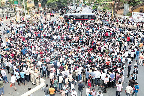 Government job aspirants protest in Dharwad on Tuesday 