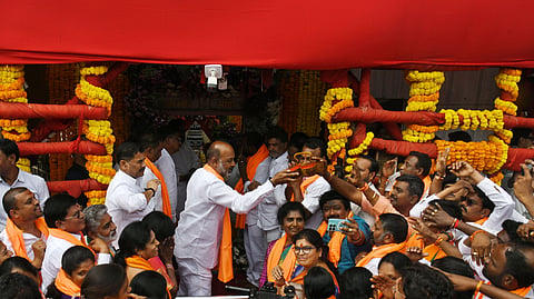 Minister of State for Home Affairs Bandi Sanjay visits Bhagyalakshmi temple in Old City along with elected municipal corporators on Tuesday
