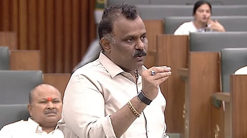 Minister Anagani Satya Prasad during the assembly session on Tuesday. 