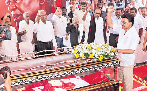 Chief Minister MK Stalin raises slogans in honour of R Nallakannu at the CPI headquarters, Balan Illam, in T Nagar on Thursday 