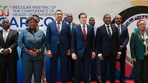 U.S. Secretary of State Marco Rubio, center front in red tie, poses for a group photo with other government officials attending the Caribbean Community (CARICOM) meeting in Basseterre, Saint Kitts and Nevis, Wednesday, Feb. 25, 2026.