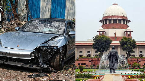 In this May 20, 2024, photo (L) , the Porsche allegedly driven by a 17-year-old in a fatal Pune crash is seen without a number plate.