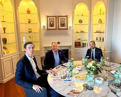 Oman's Minister of Foreign Affairs Sayyid Badr bin Hamad Al Busaidi, right, holds a meeting with White House special envoy Steve Witkoff, centre, and Jared Kushner, as part of the ongoing Iranian-American negotiations, in Geneva, Switzerland, Thursday Feb. 26, 2026. 