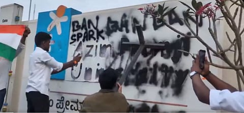 Screengrab of a video showing ABVP members vandalising Azim Premji University campus in Sarjapur, Bengaluru.