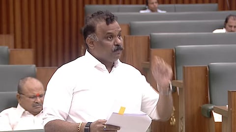 Minister Anagani Satya Prasad during the assembly session on Thursday. 