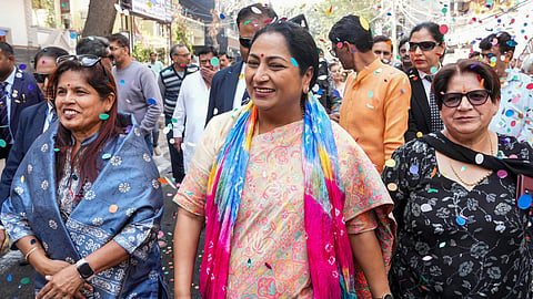 Delhi Chief Minister Rekha Gupta during the inauguration of various development projects, in Pitampura, New Delhi.