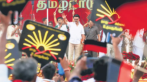 Chief Minister MK Stalin at the DMK’s western region booth-level meeting held at Neelambur in Coimbatore on Friday 