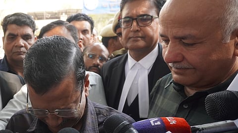  AAP national convener Arvind Kejriwal and former Delhi deputy chief minister Manish Sisodia address the media at Rouse Avenue Court, in New Delhi, Friday, Feb. 27, 2026.