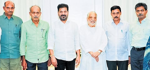 CPI(Maoist) leaders Tipiri Thirupathi alias Devji, Malla Raji Reddy alias Sangram, Pulluri Prasad Rao alias Chandranna and others meet Chief Minister A Revanth Reddy at the Secretariat on Friday days after they surrendered 