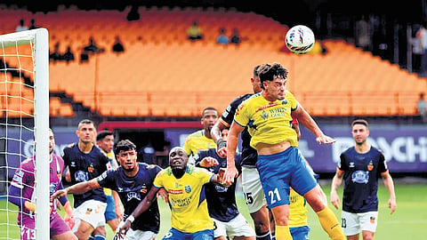 Players in action during the ISL match between Kerala Blasters FC and Inter Kashi FC  at JLN Stadium on Saturday. Inter Kashi won 2-1