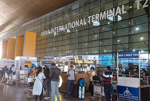 Stranded passengers wait outside Terminal 2, amid cancellation of flights to the Middle East due to the US and Israel strikes on Iran, at the International Airport in Chennai, Tamil Nadu, Saturday, Feb. 28, 2026. 