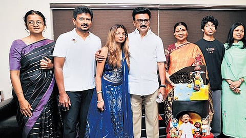 Chief Minister M K Stalin celebrating his 73rd birthday with his family at the camp office in Chennai on Sunday 